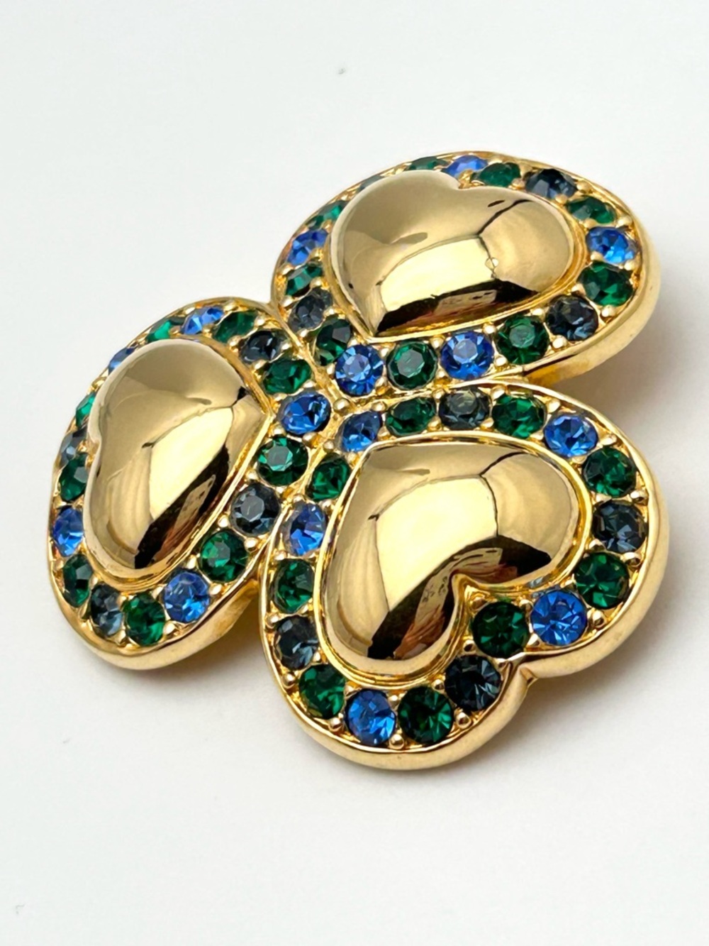 Swarovski Crystal Blue Green Gold Heart Clover Brooch